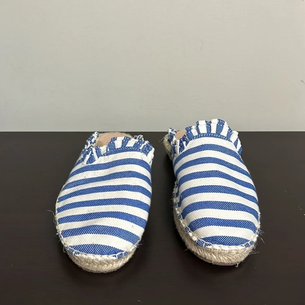 Kate Spade Laila Espadrille Blue White Striped Ruffle Mule Shoe Sz 9.5